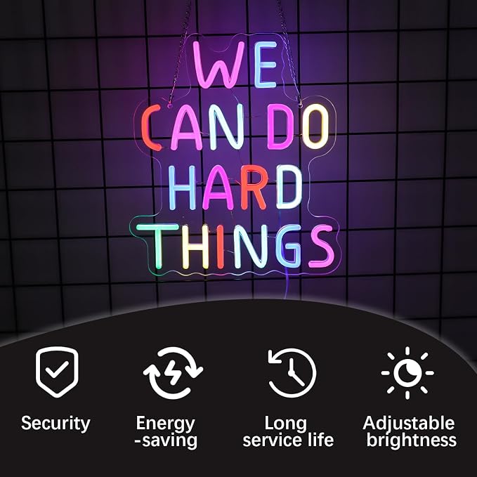 We Can Do Hard Things Neon Sign for Teachers – Dimmable Multicolor Letter Classroom Light with Wired Dimmer, 11.4×12.8 in, Includes 4 Wall Anchors – Back to School Teacher Gift