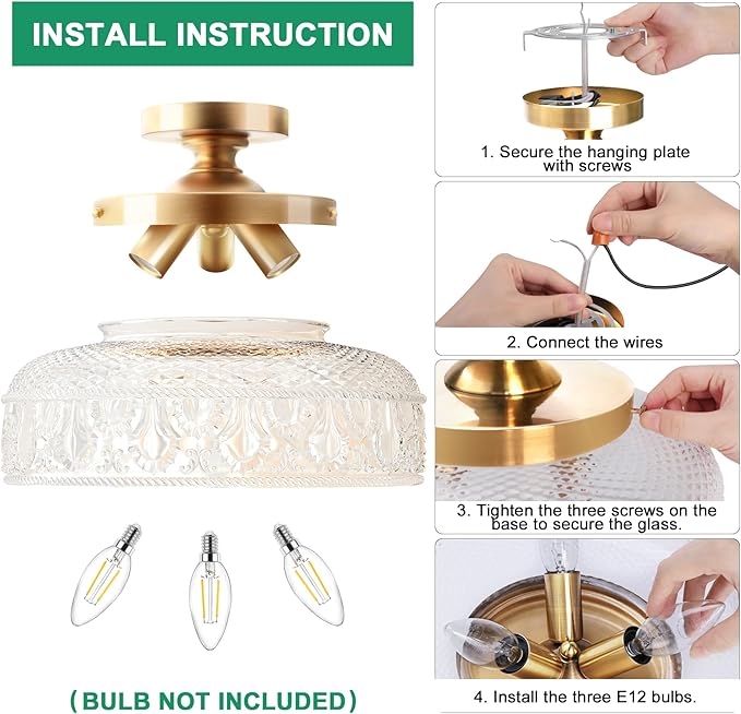 Lamomo Semi Flush Mount Ceiling Light, Upgraded Larger Golden Hallway Light Fixture, 3-Bulb Globe Glass Close to Ceiling Scone,Indoor Hanging Light for Bedroom Kitchen Porch Hallway,Bulbs Not Included