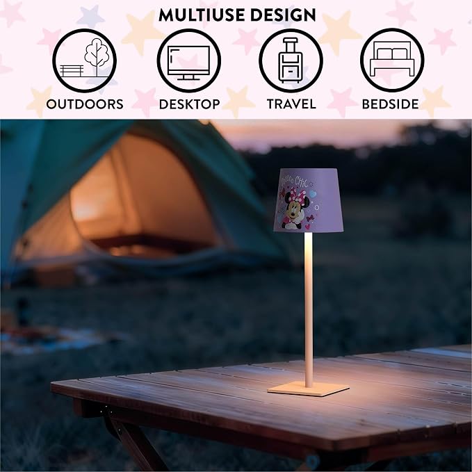 Disney Minnie Mouse Kids Touch Night Light Lamp, Rechargeable Battery Operated Bedroom Table Lamp with Touch On/Off, Portable LED Desk Light with Charging Cord for Nursery & Children’s Room