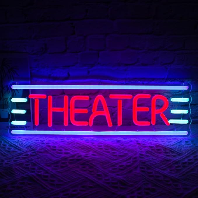 Theater Neon Sign - USB Powered LED Sign, 12x40cm | Retro Night Light, Home Theater Decor, Stage Backdrops, Cafe Bars