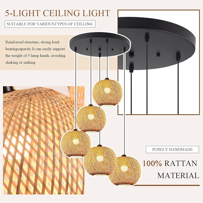 5-Light Staircase Bamboo Light Fixture Basket Weave Pendant Light Shade Boho Large Rattan Chandelier Coastal Wicker Pendant Hanging Lights for Foyer Living Room Farmhouse