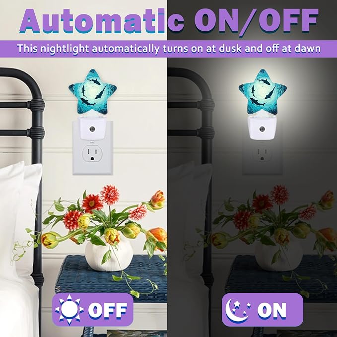 Night Lights Plug Into Wall Decorative,Shark Nightlights for Kids Bedroom, Green Ocean Energy Efficient Dusk-to-Dawn Sensor Sleep Friendly Lamp for Nursery Bathroom
