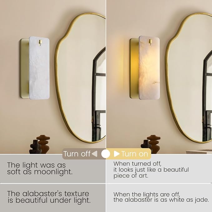 12 Inch Alabaster Wall Sconce, Natural Spanish Stone Brass Gold Wall Light, Modern Marble Sconces Dimmable E12 Hardwired Rectangular Vanity Light Fixture for Bathroom Mirror, Hallway Corridor(1 Pcs)
