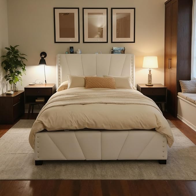 EnHomee Full Size Bed Frame with LED Lights & USB, Noise-Free, Beige | Adjustable Velvet Headboard，Under-Bed Storage，Heavy Duty Support with 12 Slats，No Box Spring Needed，Easy Assembly for Bedroom