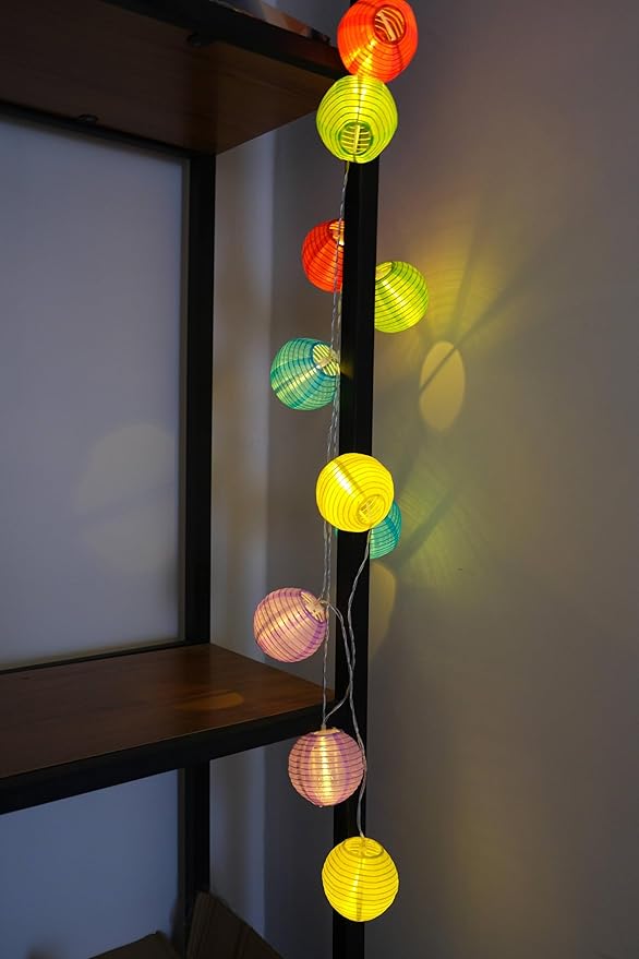 RJZZ Lantern String Lights Multicolor Lantern Lights 9.4Ft Nylon Lanterns with Lights Battery Operated 10 Count Summer String Lights Indoor Outdoor Hanging Lights for Bedroom, Nursery, Patio, Party