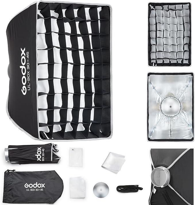 Godox Softbox UL-30x45 11.8"x17.7" Rectangular Softbox, Quick-Release Umbrella Design Bowens Mount with Grid & Deflector, for LED Video & Photography Lighting