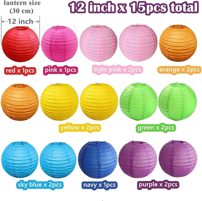 15pcs Colorful Paper Lanterns Multicolor Hanging Ball Lanterns for Birthday Wedding Bridal Baby Shower Home Office Classroom Outdoor Indoor Party Decoration (12 inch)