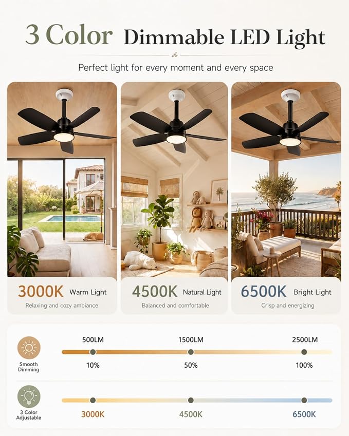 Ceiling Fan with Light, 28'' Flush Mount Low Profile Fan for Bedroom &Patio | Quiet Reversible DC Motor, 6-Speed, 3-Color Temp Dimmable LED Light with Remote & Timer, Indoor Small Ceiling Fan Black