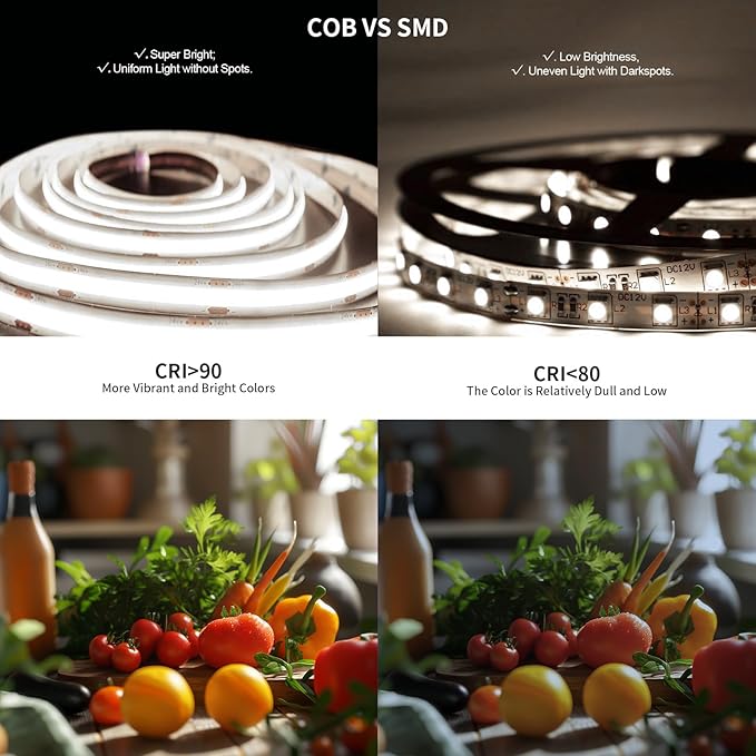 80FT/24m COB LED Strip Light (2 Rolls of 40ft) Warm White Dimmable 6500K High Lumen CRI 90+ with 24V Power Adapter RF Remote LED Lights for Bedroom Counter Under Cabinet Kitchen Projects