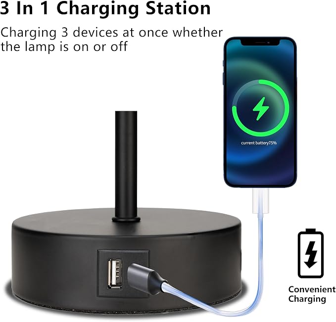 Bedside Table Lamp for Bedroom - 3 Way Dimmable Touch Lamp USB C Charging Ports and AC Outlet, Black Base Round Flaxen Fabric Shade for Living Room, Desk, LED Bulb Included(Black)