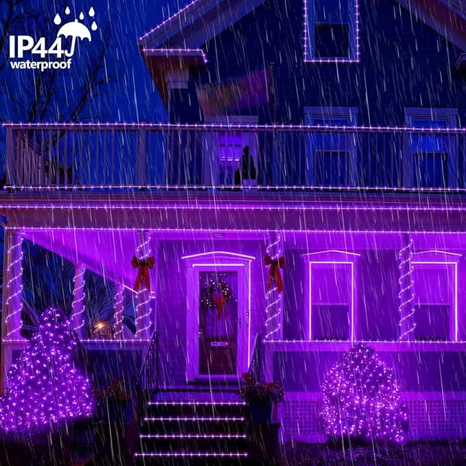 YEGUO Solar Rope Light Outdoor Waterproof, 66ft 200 LED Purple String Lights, 8 Modes Tube Christmas Lights in Clear Thin Tube