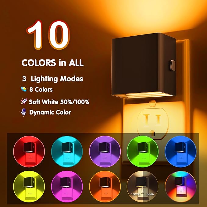 L LOHAS LED Night Light,Night Lights Plug into Wall,[2-Pack] | Dimmable Night Light with Light Sensor,RGB Color Changing,Nightlight for Bathroom Hallway Kitchen