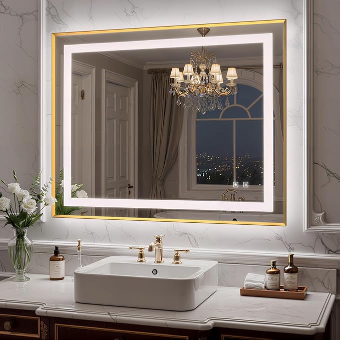 40X32 Inch LED Bathroom Mirror with Lights, Gold Frame Frontlit+ Backlit Bathroom Vanity Mirror for Wall, Ultra-Clear Tempered Glass, Shatter-Proof, Anti-Fog and Memory Function, ETL Listed