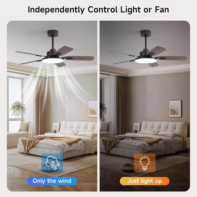 44 Inch Ceiling Fans with Lights and Remote for Bedroom Living Room Kitchen Office, Indoor/Outdoor Use, 5CCT Dimmable, Dual Color 5 Blades, 6 Speed Reversible Quiet DC Motor, Brown/Wood Grain