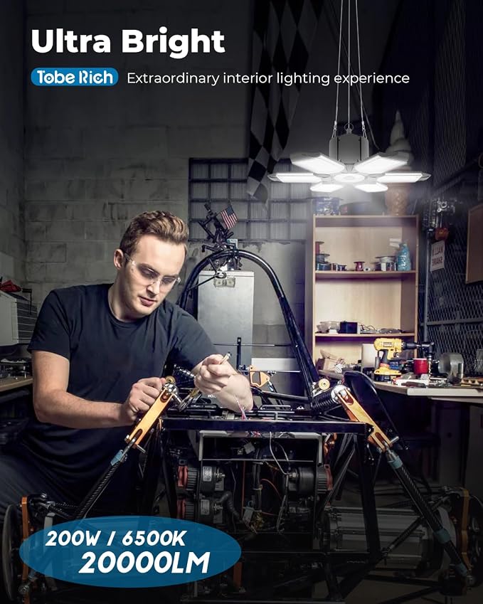 toberich Plug in Garage Light, 20000LM LED Shop Lights 6500K Bay Lighting | 200W Super Bright, Linkable, 9.84 FT Power Cord, Work Light for Garage Workshop Utility Room