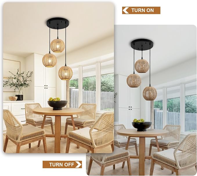 Round 3 Light Boho Pendant Light Rattan Hanging Lamp | Hand Woven Wicker Small Chandelier Hanging Lights Fixture for Bedroom Kitchen Hallway Foyer