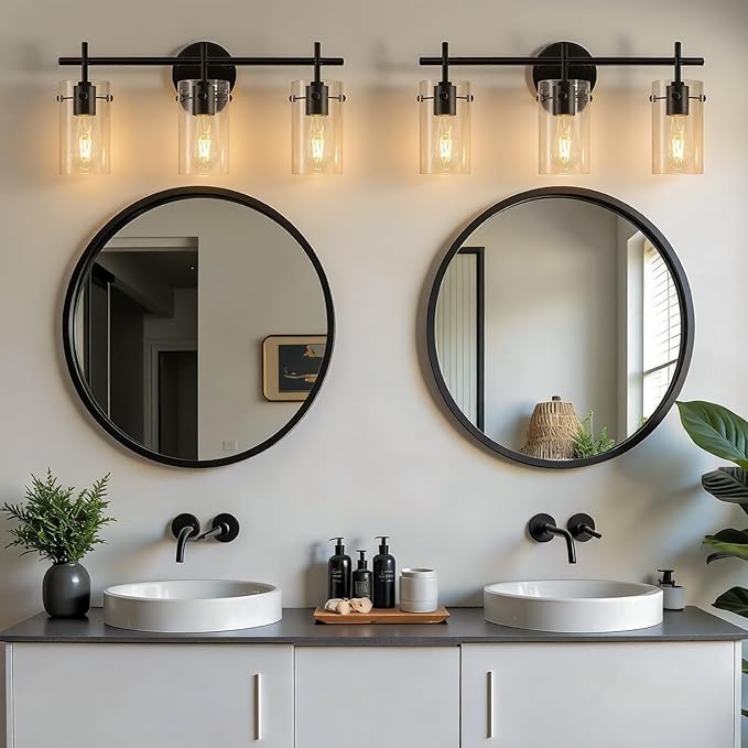 Bathroom Light Fixtures, 3-Light Matte Black Vanity Light, Black Bathroom Lights Over Mirror with Clear Glass Shade, Wall Sconces for Mirror Bedroom Living Room Hallway