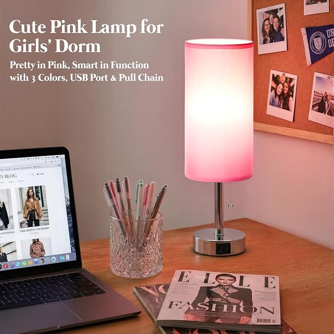 Pink Bedside Table Lamp for Bedroom - Small Nightstand Lamp for Girls | 3 Color Temp, USB A+C Ports, LED Bulb Included, Soft Pink Fabric Shade, Sleek Silver Metal Base, 14" Desk Lamp for Kids Dorm