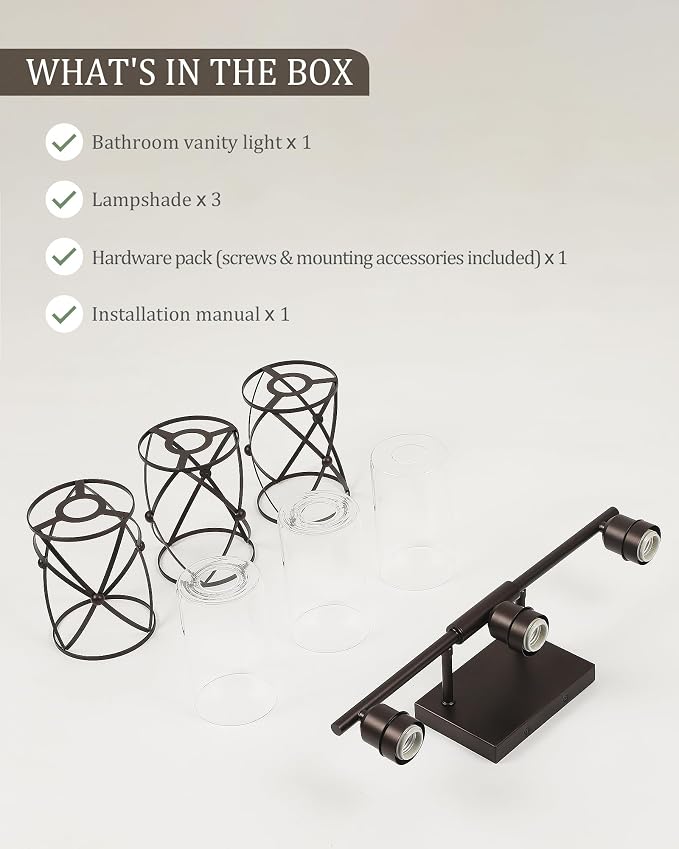 3-Light Oil Rubbed Bronze Bathroom Light Fixtures Over Mirror, 21" UL-Listed Modern Farmhouse Wall Sconce Lights with Clear Glass and Metal Cage for Bath, Hardwire E26, CH9176ORB-3W