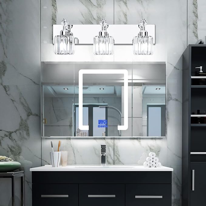 PRESDE 3-Light Crystal Bathroom Vanity Light, Chrom ModernBathroom Lights Fixtures Over Mirror Wall Lamp for Bathroom Bedroom Hallway