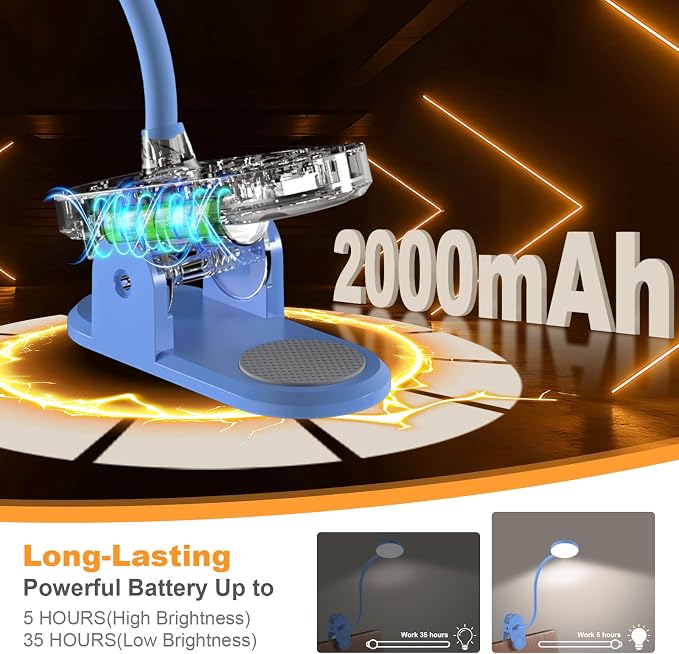 Cordless Clip on Reading Light, Rechargeable LED Book Lamp for Kids, Flexible and Dimmable Clamp Light with 3 Color Modes & 10 Brightness for Students Dorm Room Desk Bunk Bed Headboard (Blue/3.5'') | 10 Brightness Levels, Clamp Lamp with USB-C, 15.8'' ...