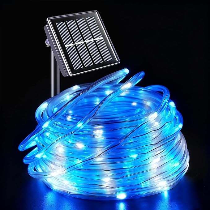 YEGUO Solar Rope Light Outdoor Waterproof, 66ft 200 LED Blue and White String Lights, 8 Modes Tube Christmas Lights in Clear Thin Tube