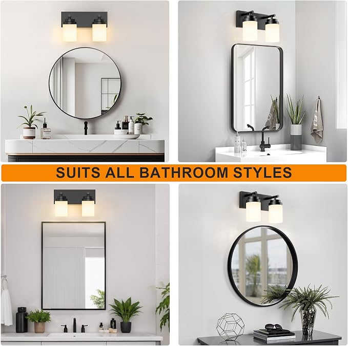 IZORRO Bathroom Vanity Light Fixture, 2-Light 15 Inch Matte Black Bathroom Light Fixtures Over Mirror, with White Glass Shade, Modern Farmhouse Vanity Lights, Rustic Restroom Lighting Fixtures