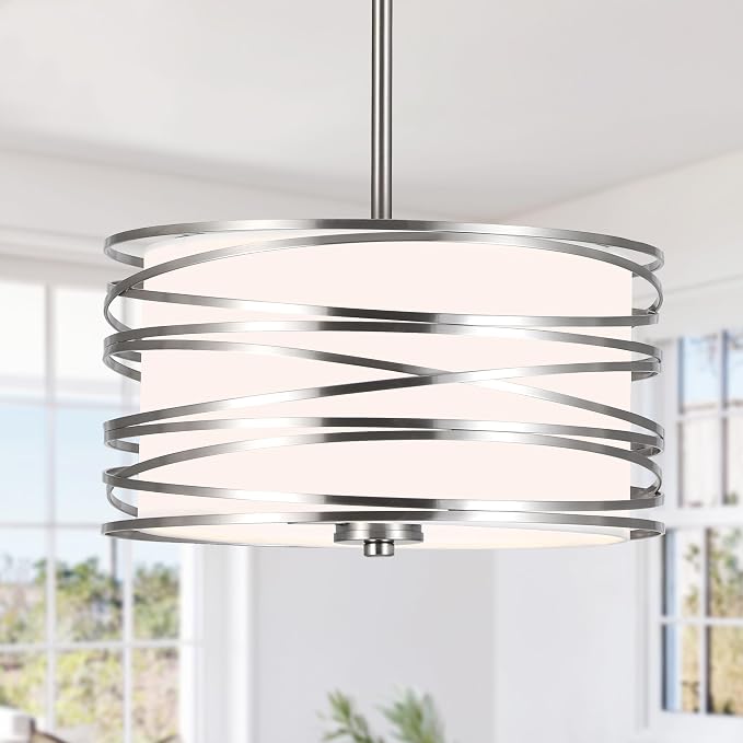 ACNKTZ 12.6'' Brushed Nickel Drum Chandelier, 3-Lights Hanging Dining Room Light Fixtures Over Table, Simple Round Pendant Lighting for Kitchen Island Hallway Bedroom Foyer Bathroom Office