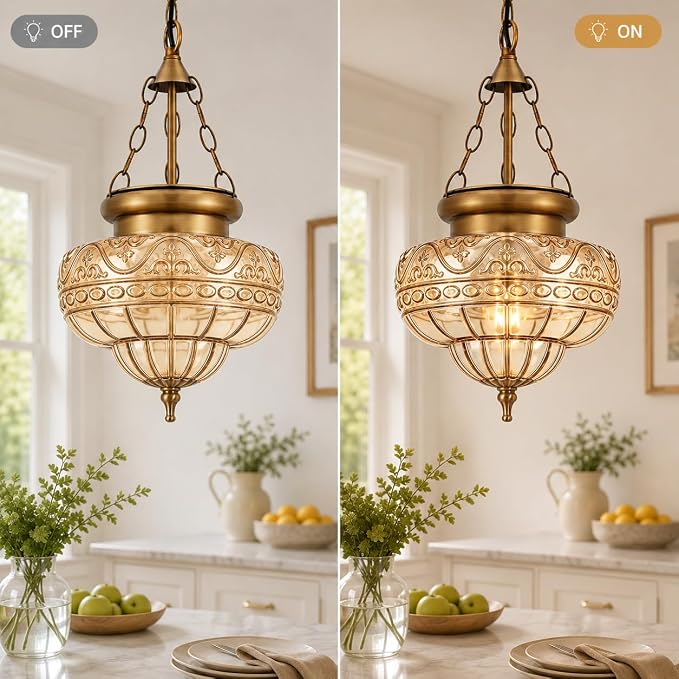 Vintage Brushed Antique Brass Pendant Light for Kitchen Island, Handblown Textured Amber Glass Hanging Light Fixture, Adjustable Height E26 Pendant Lighting for Dining Room, Entryway, Hallway