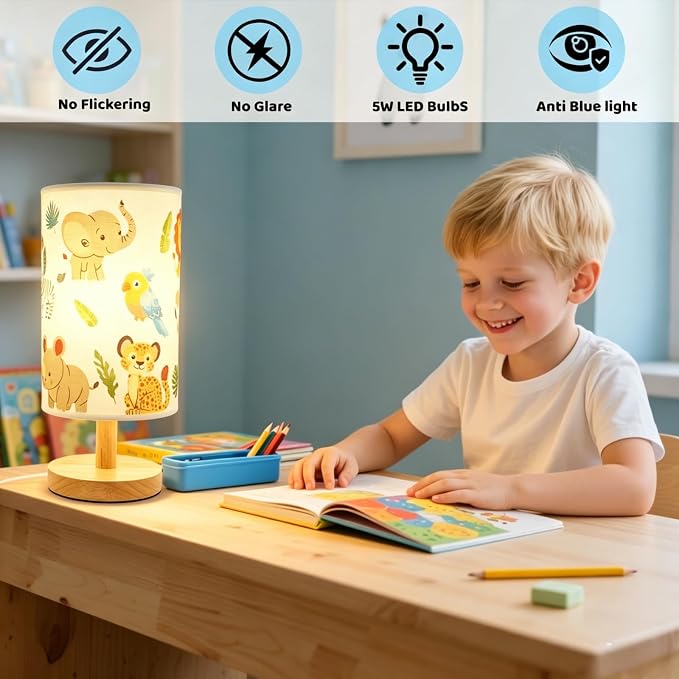 Kids Table Lamp-Night Light for Boys Room,3-Color LED Desk Lamp with Baby Elephant Zebra Giraffe Tiger Pattern Bedside Lamp Safari Animal Lampshade and Wood Base for Living Nursery Child Room Study