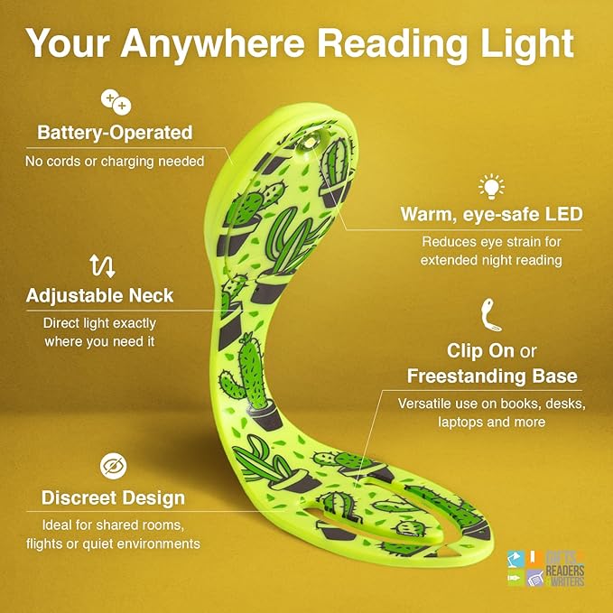Gifts for Readers & Writers Book Light, Clip On Reading Light for Bed, 2in1 Flexilight & Bookmark, Small & Lightweight with a Soft Glow, 2 Batteries Included, Cactus