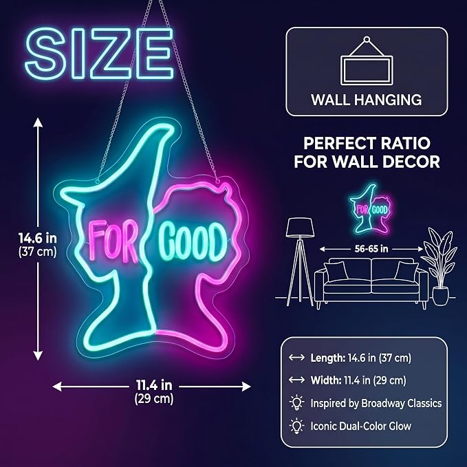 For Good Neon Sign, Music Merch,Witch Decor | Blue and Pink,Broadway Inspired Gift, Wall Decor, 14.6"x11.4"