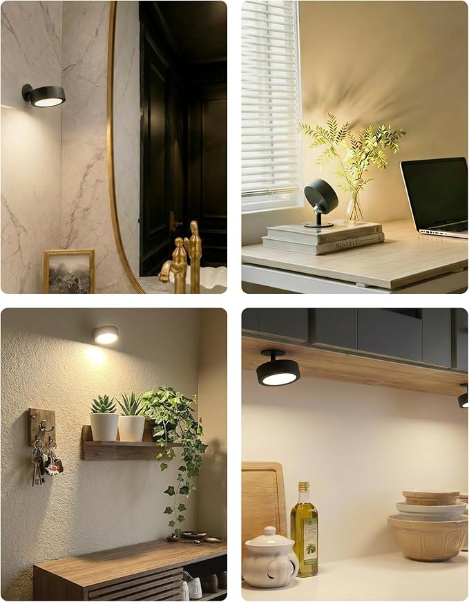 EZVALO LED Wall Mounted Light, 3000mAh Rechargeable Cordless Wall Sconce, Dimmable with Remote & Touch Control, 3 Color Temps, 360° Rotatable for Bedroom, Bedside (Black, 2 Pack)