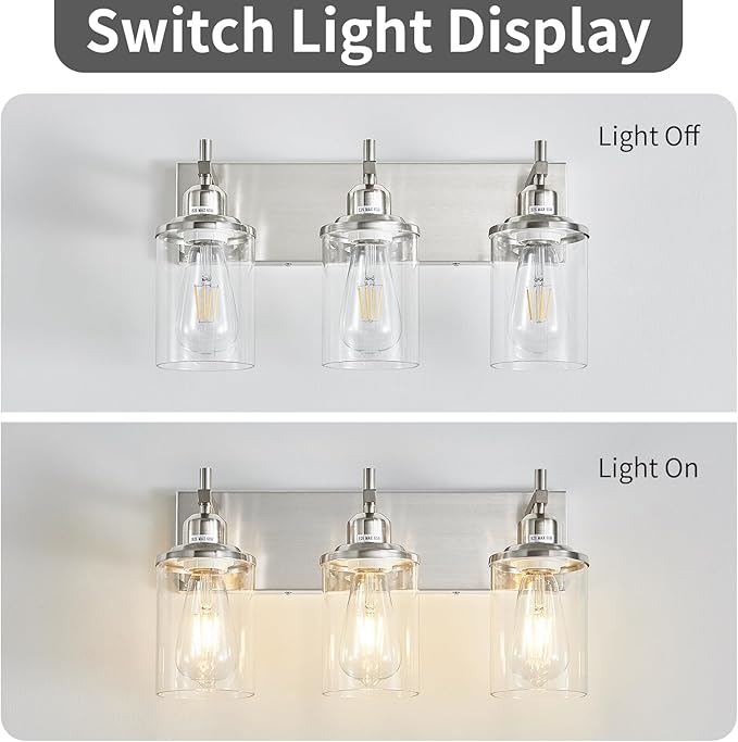 3-Light Brushed Nickel Bathroom Light Fixture Over Mirror Modern Bathroom Vanity Light Vintage Wall Lighting with Clear Glass Shade for Bathroom, Bedroom, Hallway, Cabinet