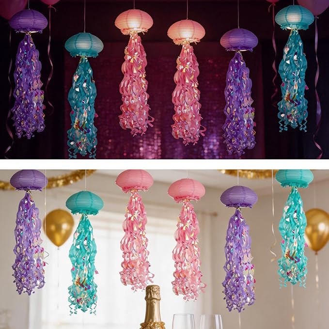 Jellyfish Paper Lanterns with LED Lights Set of 6, Lilac/Pink/Turquoise Oval Hanging Floating Decorations for Under The Sea Party Mermaid Birthday Ocean Classroom Beach Room Aesthetic