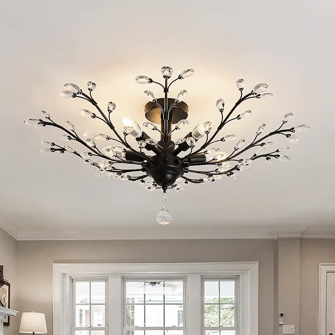 CVKASH 5 - Light Vintage Small Crystal Chandelier Modern Semi Flush Mount Ceiling Light Fixture Chandelier Lighting for Kitchen Bedroom Living Room Dining Room Hallway Foyer（Black）