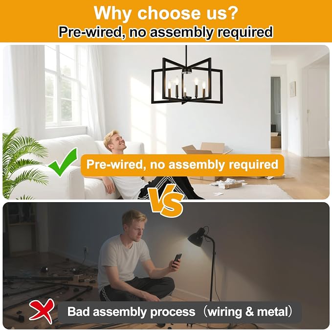 25"-61" Height Adjustable Modern Matte Black Chandelier for Dining Room, No Assembly Required Black Dining Room Light Fixture Over Table, Industrial Metal Pendant Lights Fixture for Kitchen Island
