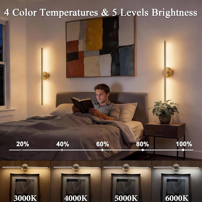Battery Operated Wall Sconce Set of Two: Gold Wireless Rechargeable Wall Light with 10000mAh Detachable Battery and Remote, 360° Rotatable Scone Wall Decor for Bedroom Hallway Bathroom, 31.5inch