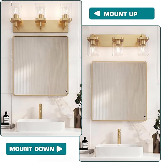 Bathroom Lighting Fixtures Over Mirror, Square Design & Rectangle Large Backplate, 3 Lights Modern Vanity Lighting Fixtures, Bathroom Light Fixtures for Bathroom/Living Room/Bedroom, Gold