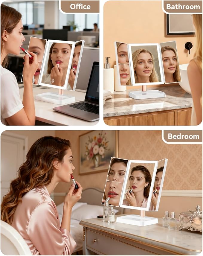 9 x 14 in Trifold Makeup Mirror with Lights, 1X/2X/3X, White | 76 LEDs with three color modes, touch dimming and a 2400mAh rechargeable battery for cordless tabletop use