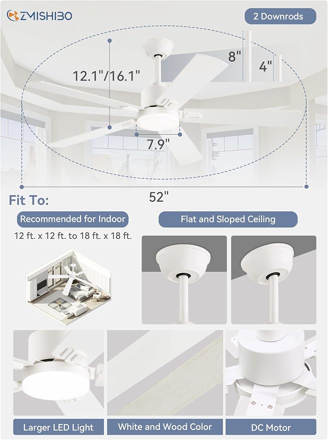 ZMISHIBO 2 Pack 52" Ceiling Fan with Light and Remote, White Modern Indoor | 24W 2400LM Bright LED, 3CCT, Dimmable, App Control, Farmhouse Dual Finish Blades, Quiet&Strong Motor for Bedroom, Living Room