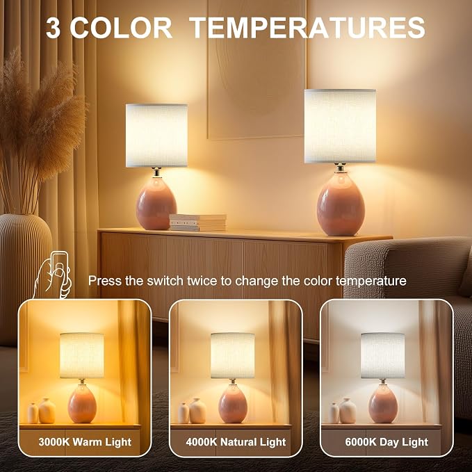 18.5" Table Lamps Set of 2 for Living Room Bedroom, Bedside Lamps for Night Stands, Desk Nightstand Lamp Dimmable, Modern Linen Ceramic Lamps，Pink