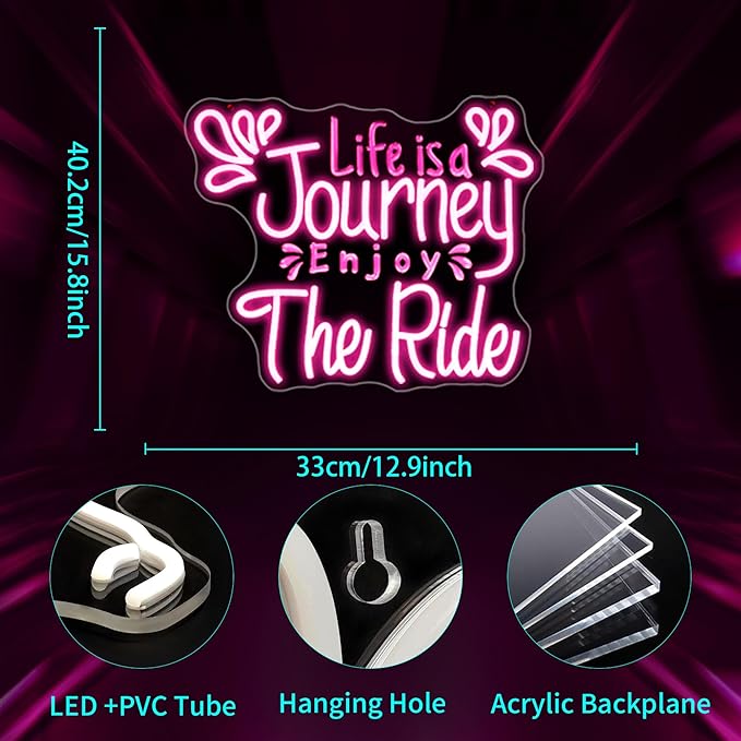 Neon Sign, Life Is a Journey Enjoy the Ride Neon Signs for Wall Decor Pink LED Light up Girls Room Party Preppy Decoration USB Powered
