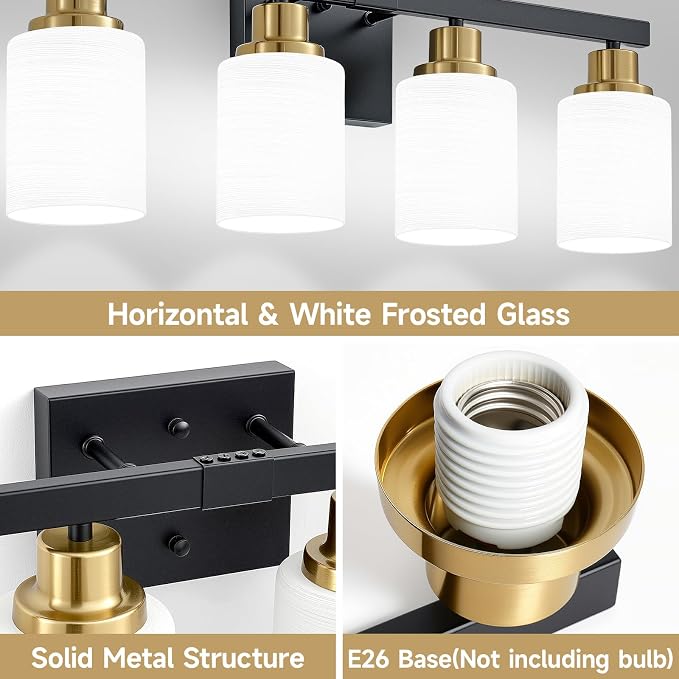 Black and Gold Bathroom Light Fixtures, 4-Light Vanity Lights,24" | Bathroom Vanity Lights with Milky White Glass Shade,Bathroom Lights Over Mirror Wall Lamp Sconces for Mirror Restroom Sink