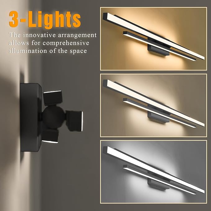 Modern LED Vanity Light 48 Inches Long Black LED Wall Light Over Vanity Mirror Hardwired Wall Mount Lighting Fixture 5CCT(3000K/3800K/4500K/5200K/6000K) Dimmable Bathroom Wall Mount Lighting