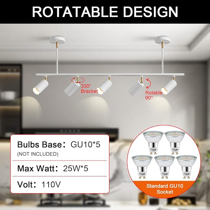 5-Light LED Track Lighting Kit White Track Light Flexibly Rotatable Light Head Modern Spot Lighting for Kitchen Living Room Dining Room Bedroom Closet Bar