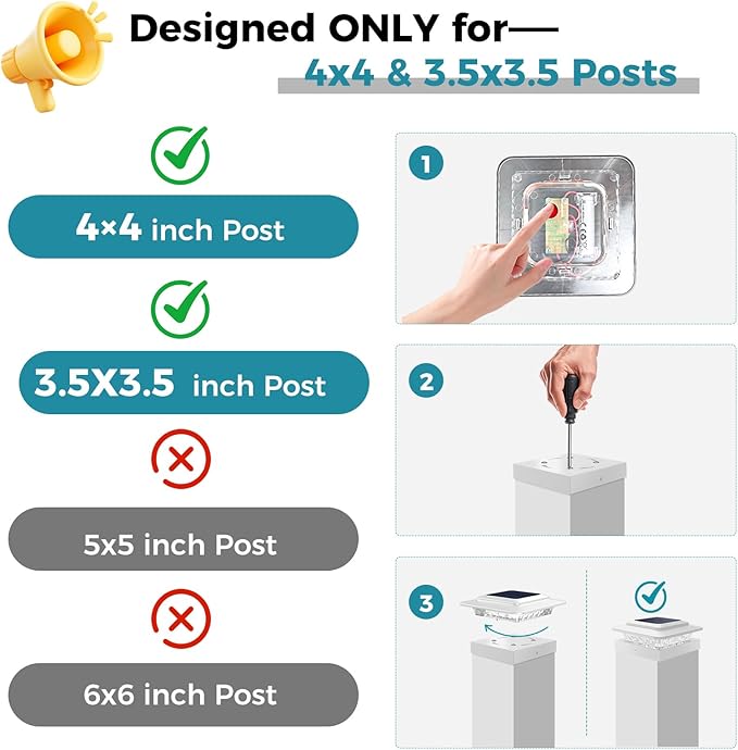 kolpop 4x4 Solar Post Cap Lights Outdoor 2Pack- 3 Color Temperatures&2 Level Brightness, IP65 Waterproof, 16 LED Fence Deck Post Light Solar Powered Only for 4×4/3.5×3.5 Wood/Vinyl Posts(White)