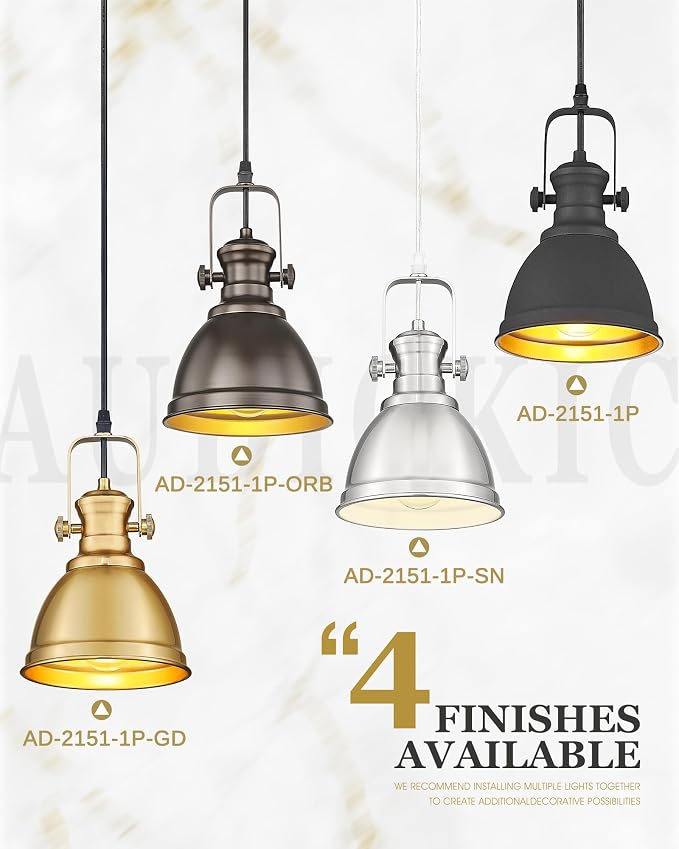 Pendant Lights Kitchen Island, Farmhouse Hanging Lights Fixtures with Metal Shade, Rustic Kitchen Pendant Lighting Over Island for Dining Room, Brushed Gold, AD-2151-1P-GD