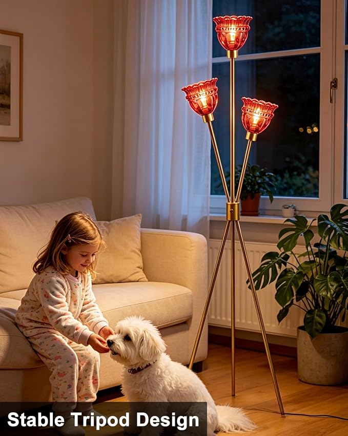Lightdot 3-Lights Glass Tripod Floor Lamp Gold Dimmable Floor Lamps with 3000K Warm White Bulbs for Wedding Party 62IN Tall Standing Lamp with Deep Red Glass Shade for Living Room/Bedroom/Home Decor