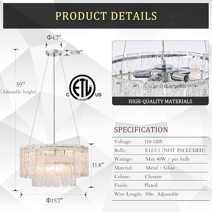 Modern Chrome Chandeliers, 20” 7-Light Crystal Glass Ceiling Pendant Light Fixtures Luxury Round Chandelier 2 Tiers Hanging Lighting for Dining Room Foyer Living Room Bedroom